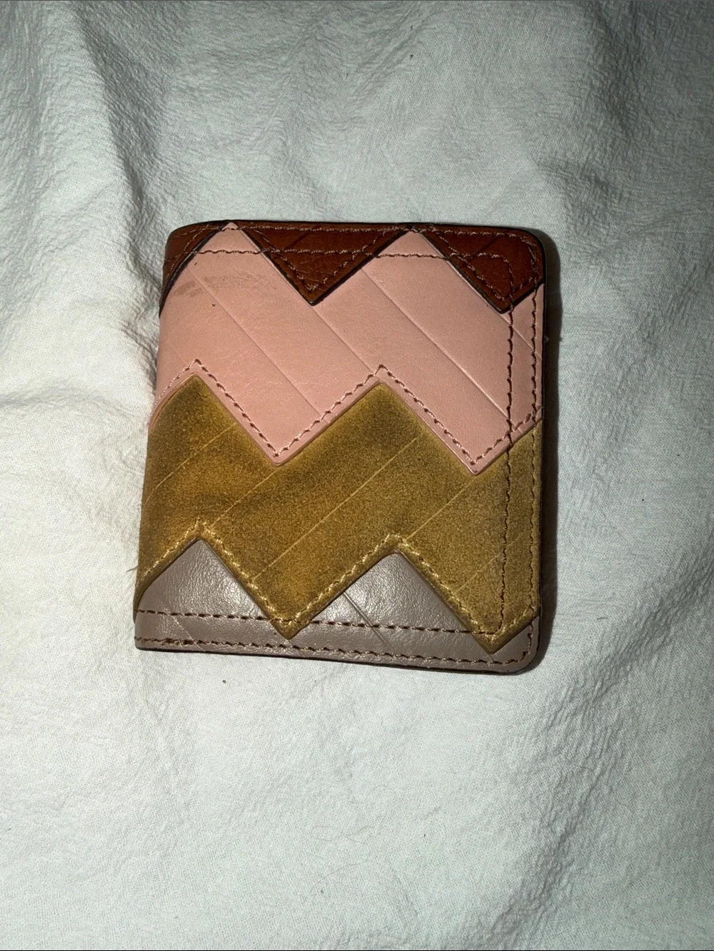 Fossil Logan RFID Small Leather Chevron Patchwork Bifold Wallet - Pink Brown